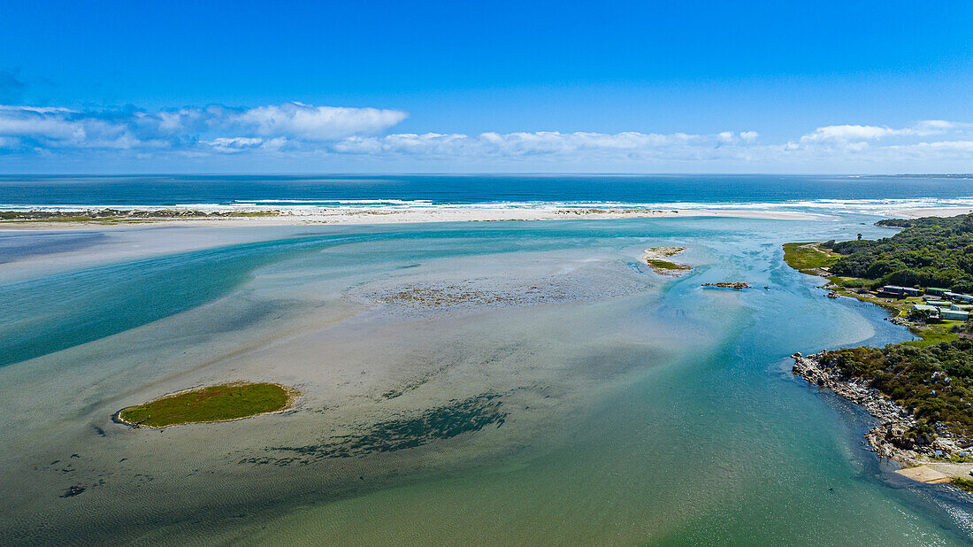 Aerial of the turquoise waters of the Klein River Lagoon, Hermanus, Western Cape Province, South Africa, Africa