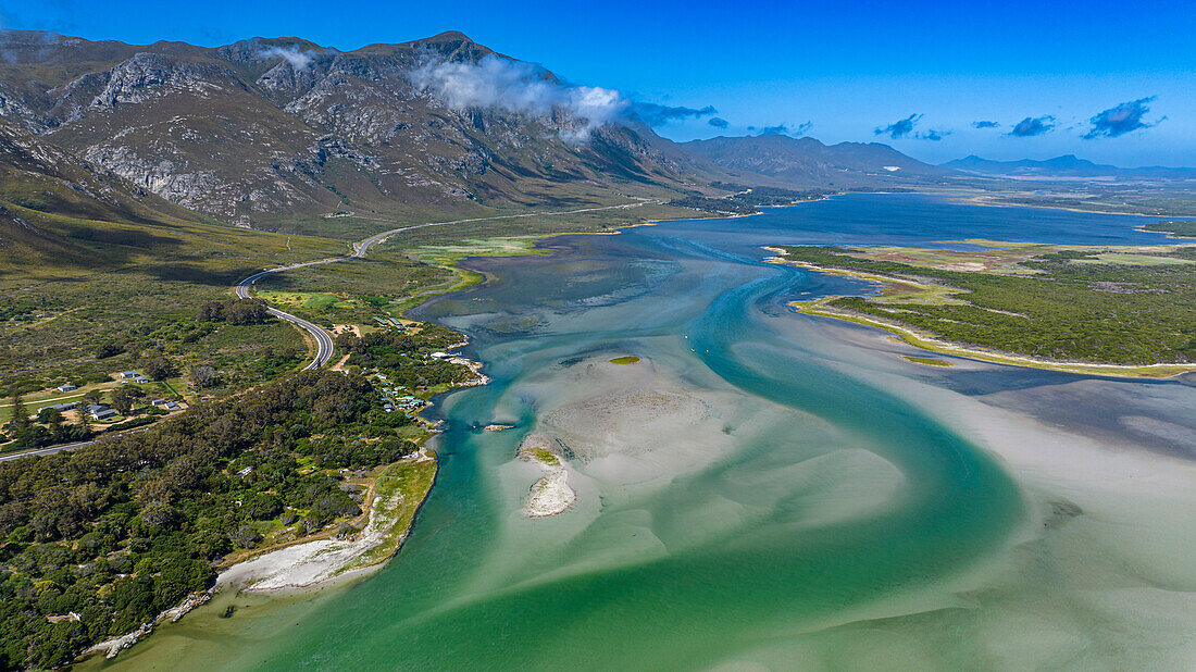 Aerial of the Klein River Lagoon, Hermanus, Western Cape Province, South Africa, Africa