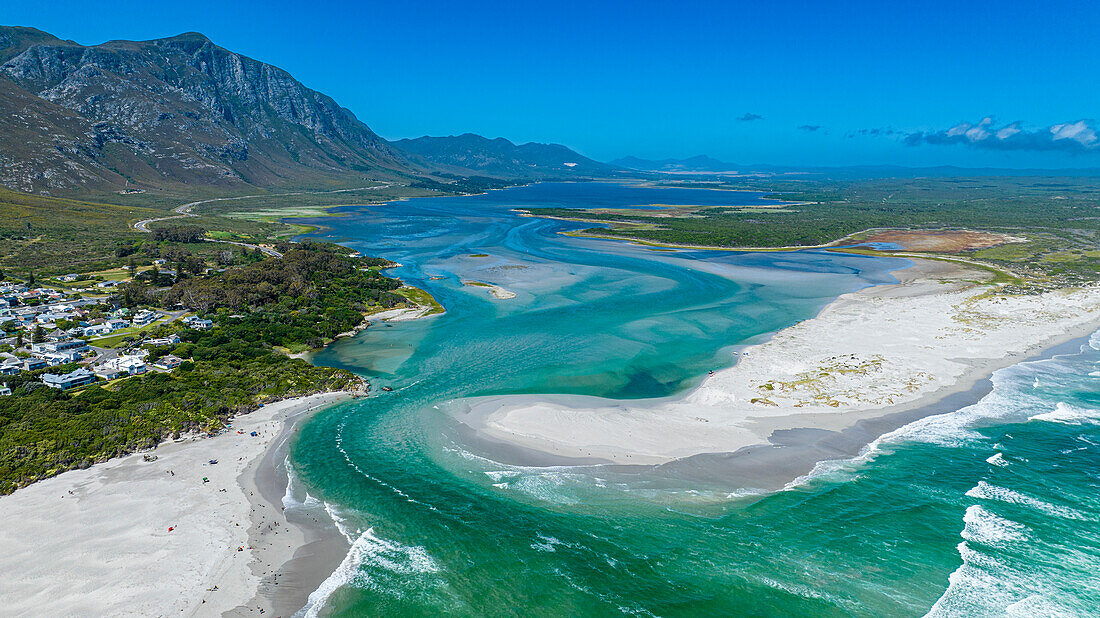 Aerial of the Klein River Lagoon, Hermanus, Western Cape Province, South Africa, Africa