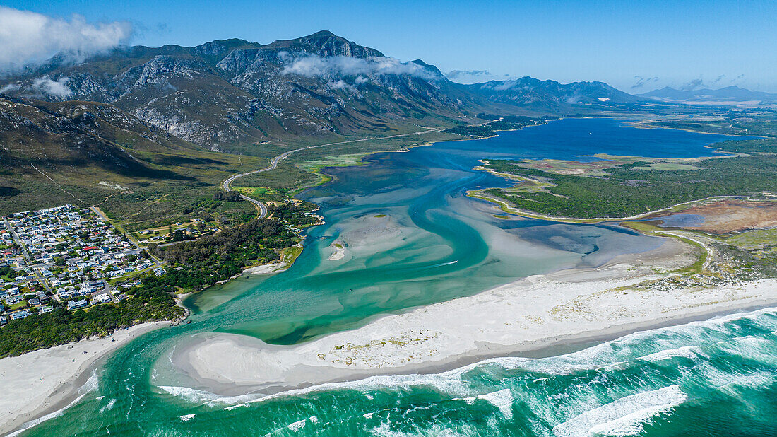 Aerial of the Klein River Lagoon, Hermanus, Western Cape Province, South Africa, Africa