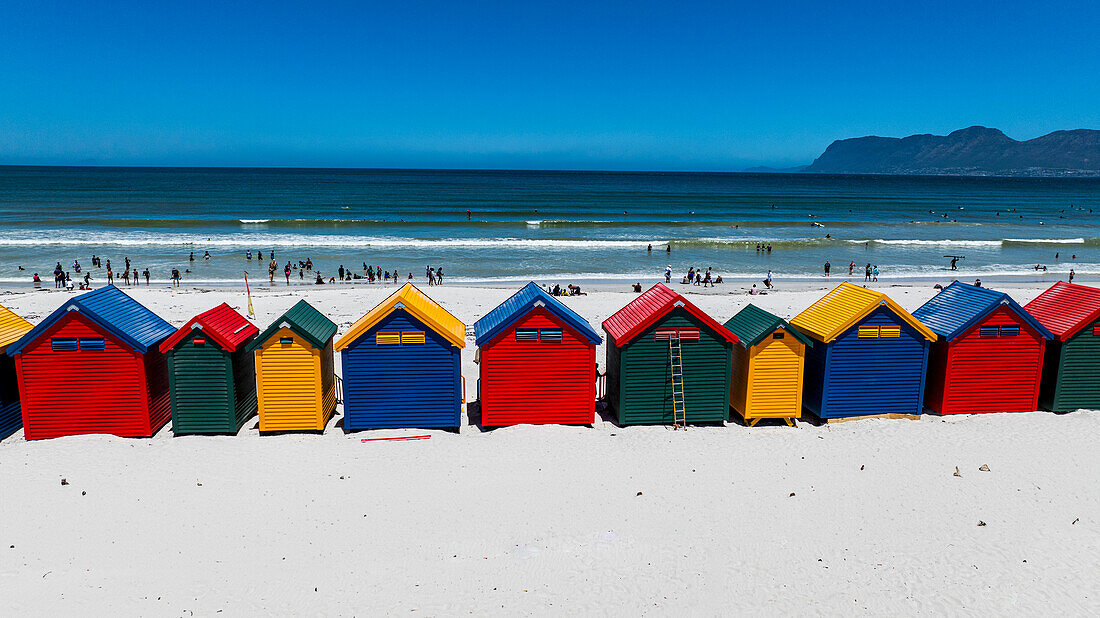 Aerial of the colourful beach huts on the beach of Muizenberg, Cape Town, South Africa, Africa