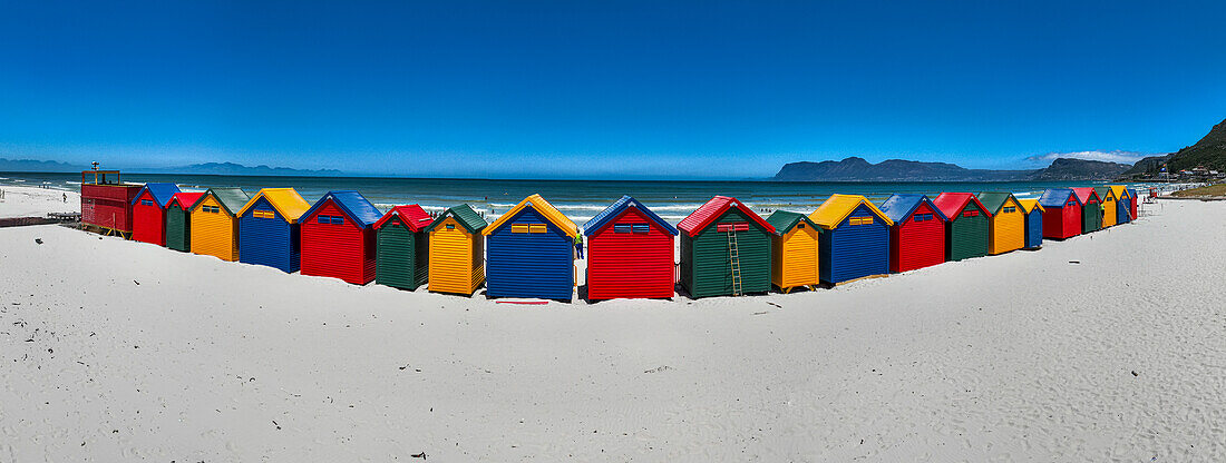 Panorama of the colourful beach huts on the beach of Muizenberg, Cape Town, South Africa, Africa