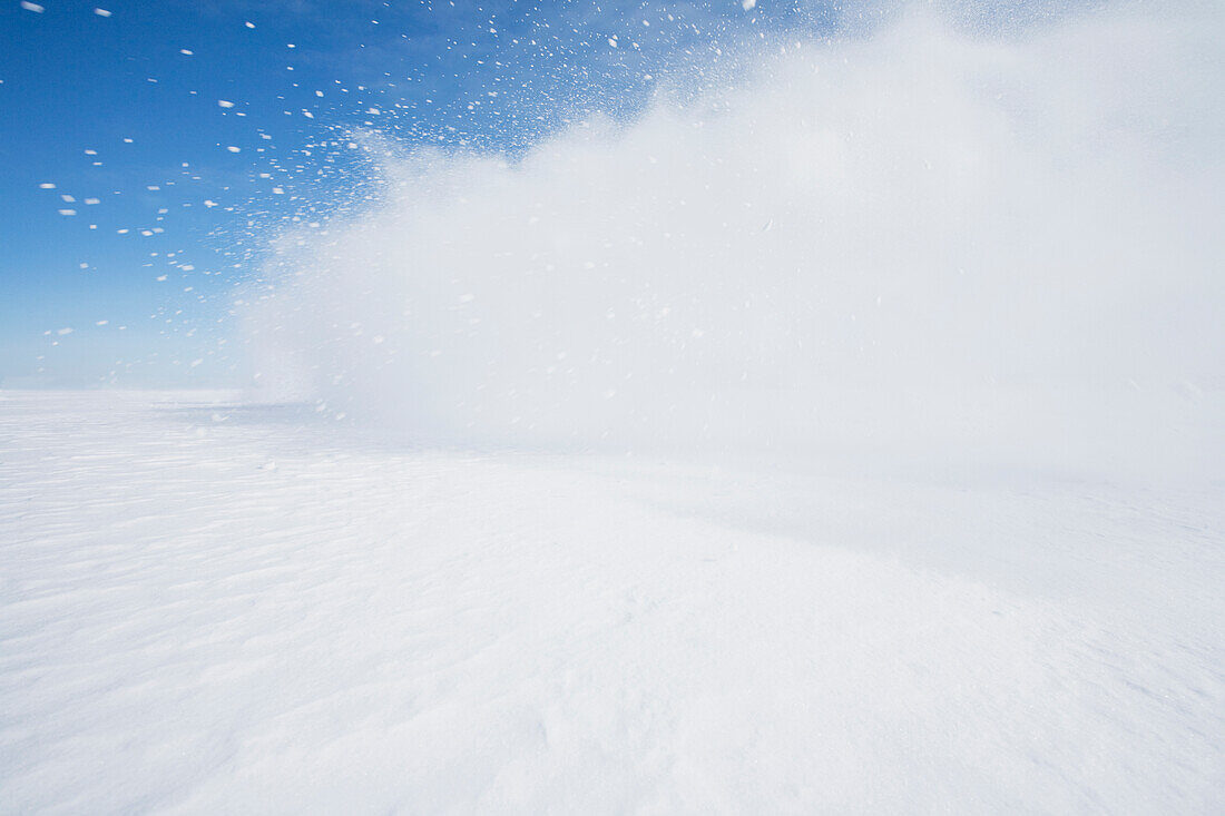 Schneeverwehungen, die über die gefrorene Landschaft wehen, Hammond, NY, USA
