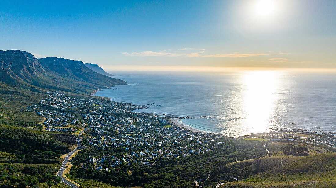 Aerial of The Twelve Apostles and Camps Bay, Cape Town, Cape Peninsula, South Africa, Africa