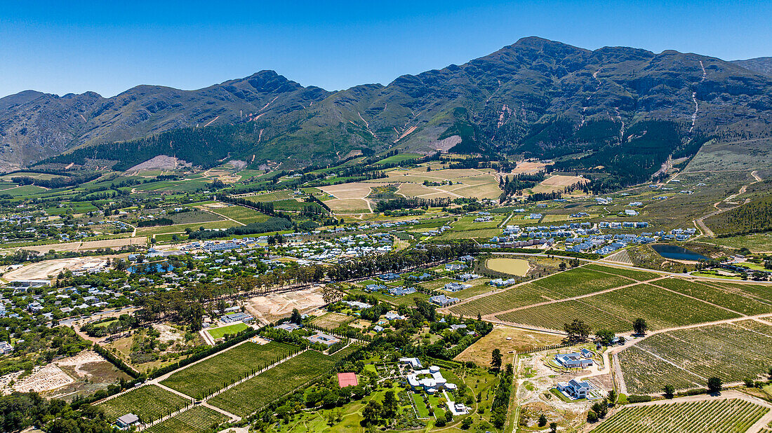 Aerial of Franschhoek, wine area, Western Cape Province, South Africa, Africa