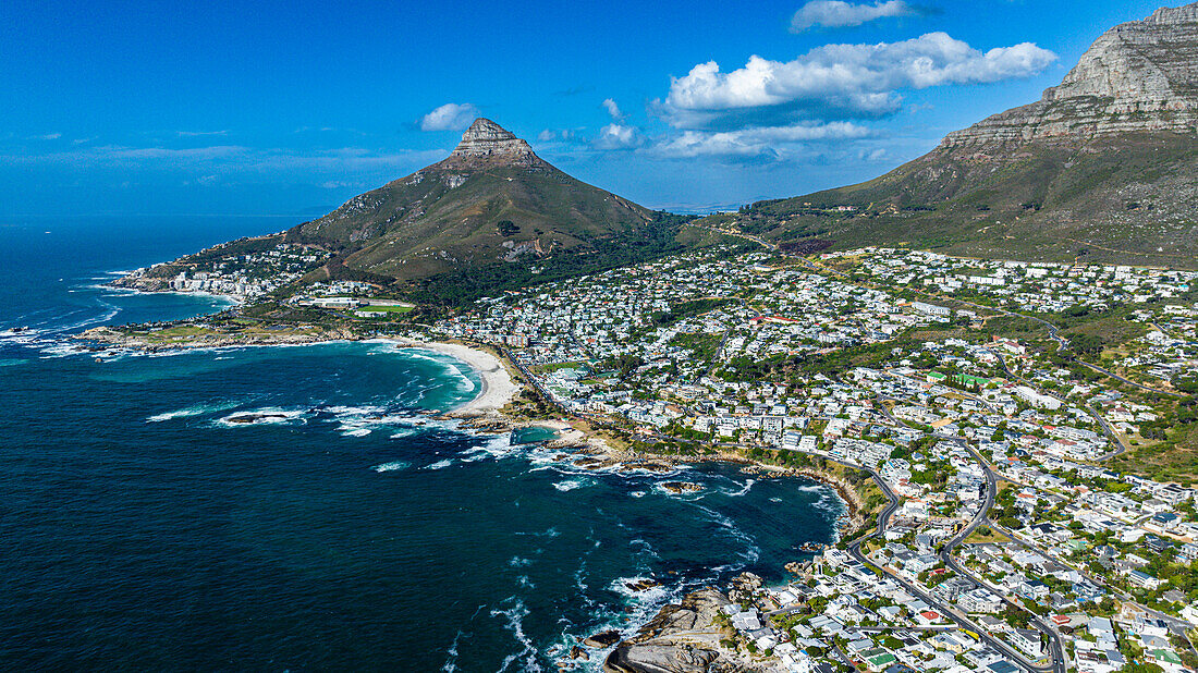 Aerial of the Twelve Apostles and Camps Bay, Cape Town, South Africa, Africa