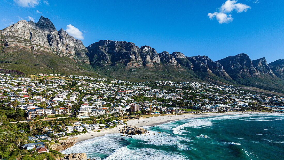 Aerial of the Twelve Apostles and Camps Bay, Cape Town, South Africa, Africa