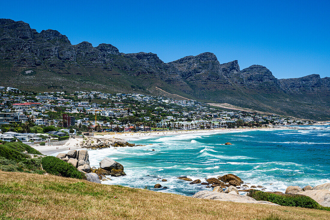 Fine sand beach under the Twelve Apostles, Camps Bay, Cape Town, South Africa, Africa