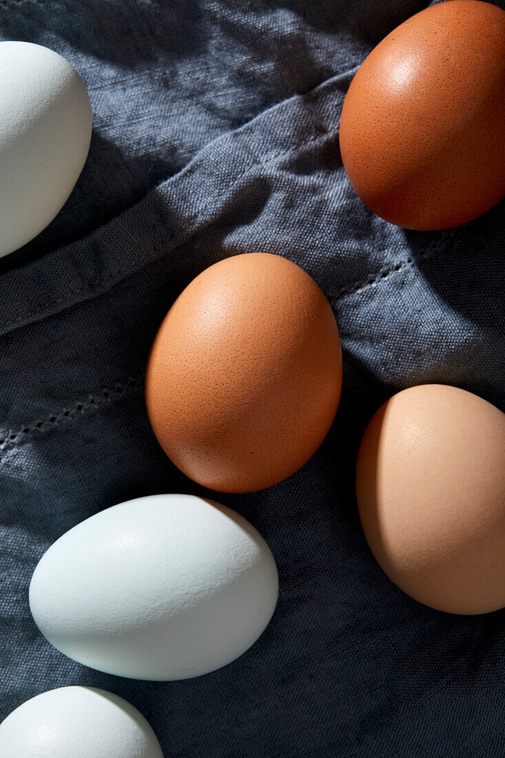 Close-up of white and brown eggs