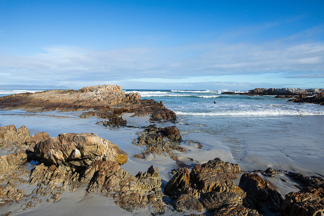 South Africa, Hermanus, Rocky coast and Kammabaai Beach at sunny day