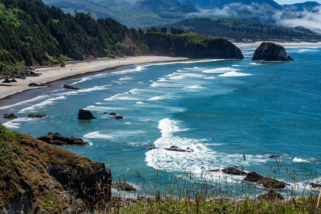 USA, Oregon, High angle of Cannon Beach coastline