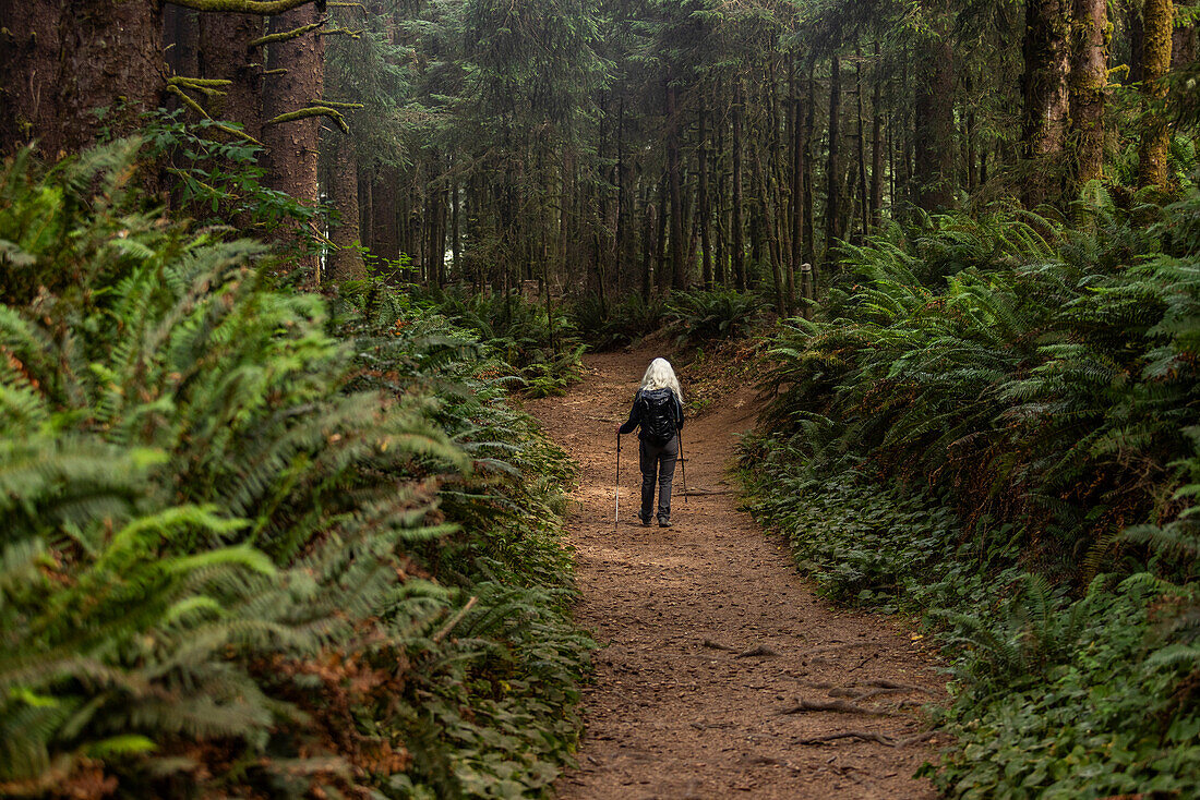 Senior woman hiking in forest with nordic walking poles