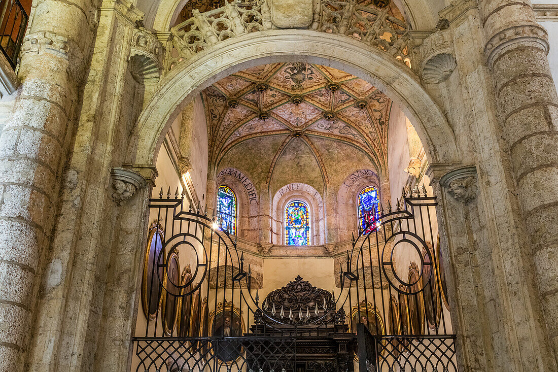 Stained glass windows in the Cathedral of Santo Domingo in colonial Santo Domingo, Dominican Republic. Capilla del Santisimo Sacramento. The Cathedral of Santa Maria La Menor was the first cathedral built in the Americas, completed about 1540 A.D. It is a Minor Basilica and is located in the old Colonial City of Santo Domingo. UNESCO World Heritage Site of the Colonial City of Santo Domingo.