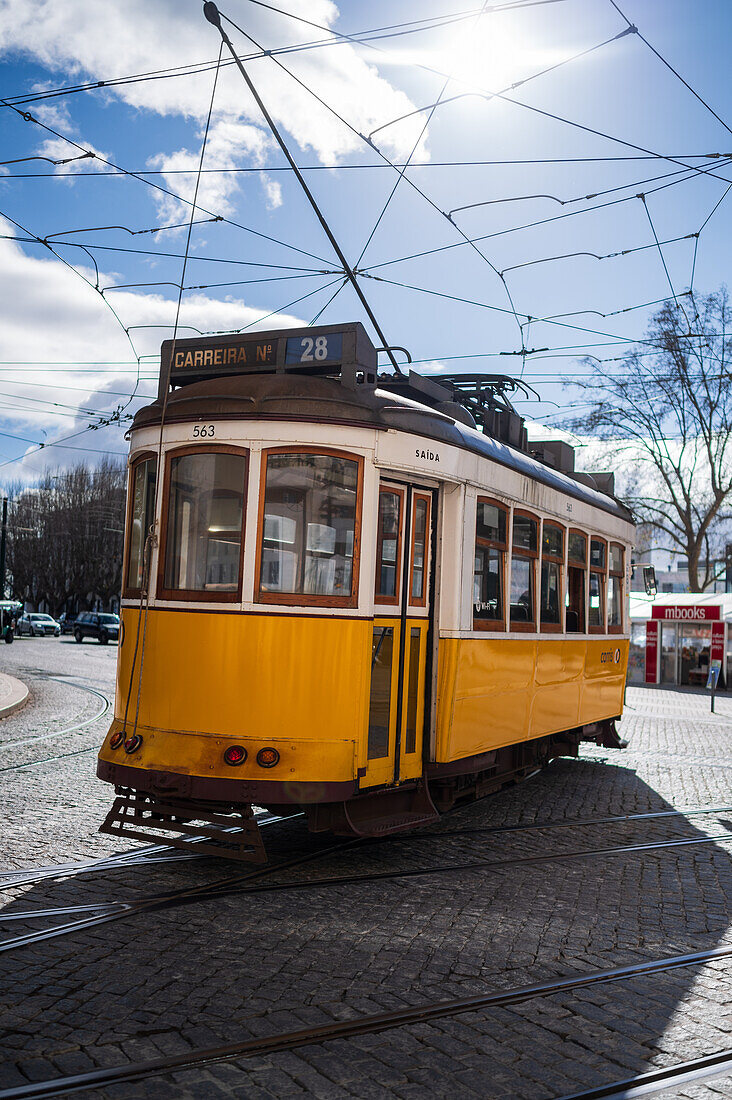 Tram in the streets of Lisbon