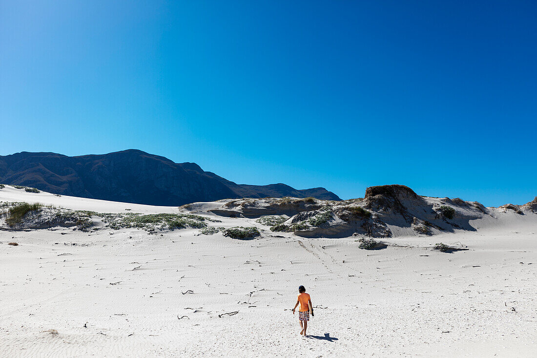 South Africa, Boy (10-11) carrying surfboard in Walker Bay Nature Reserve