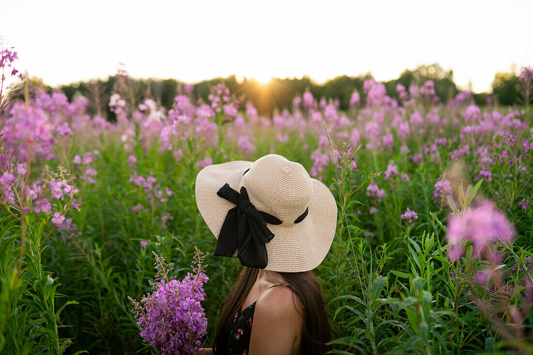 Seitenansicht einer jungen Frau, die Blumen auf einer Wiese betrachtet