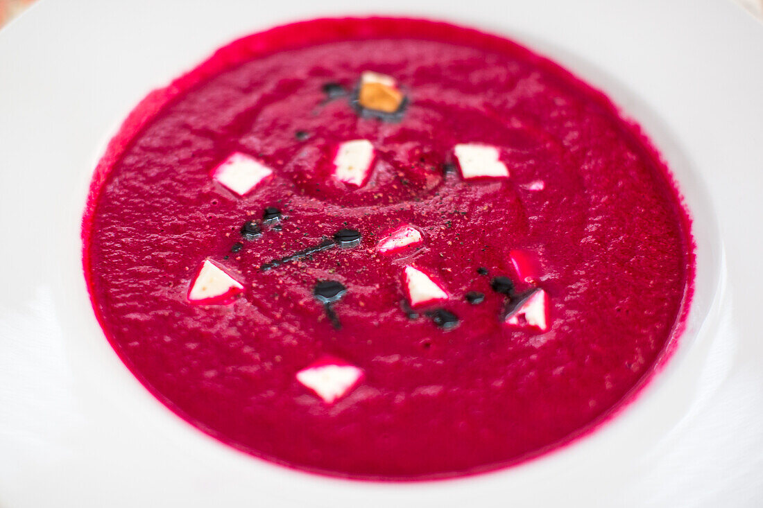 Vibrant Beetroot Cream Dish on White Plate