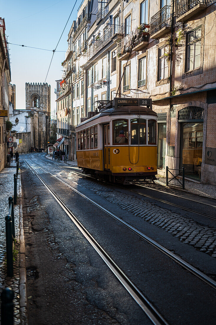 Tram in the streets of Lisbon