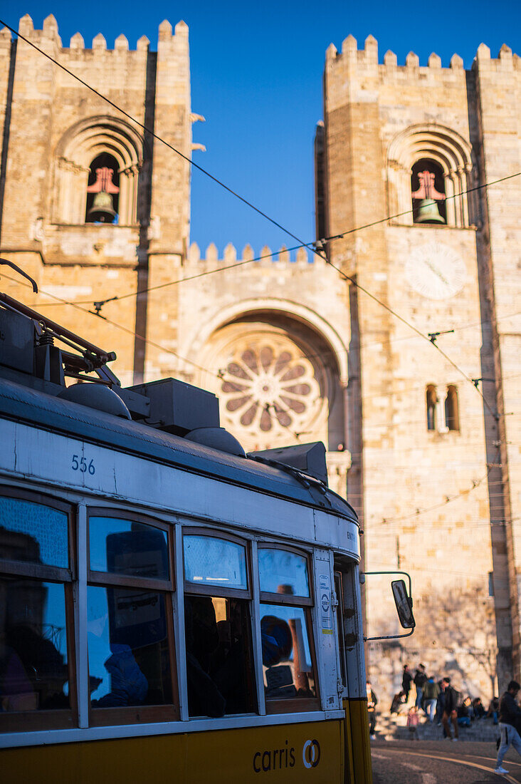 Tram in the streets of Lisbon