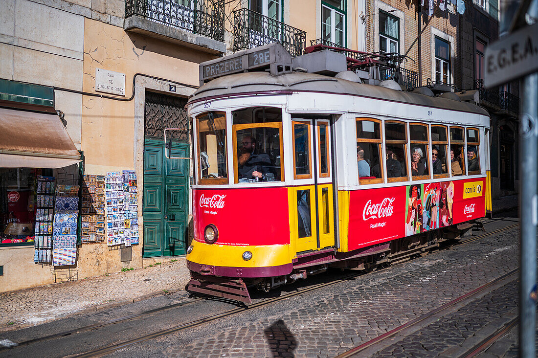 Tram in the streets of Lisbon