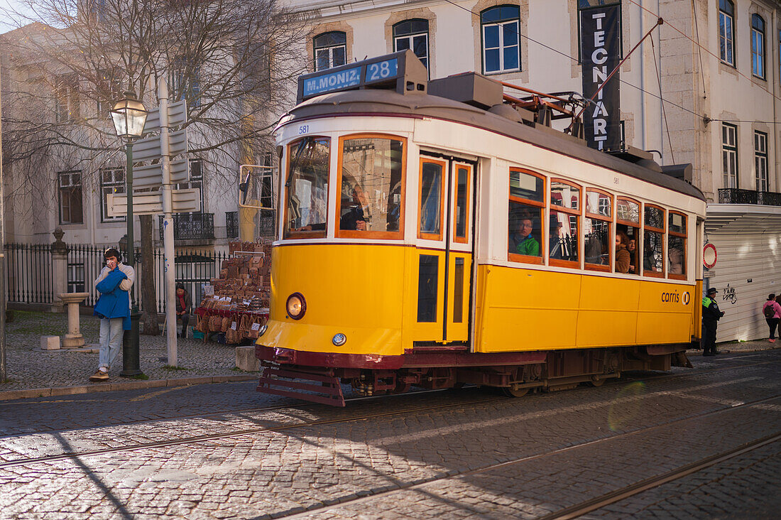 Tram in the streets of Lisbon