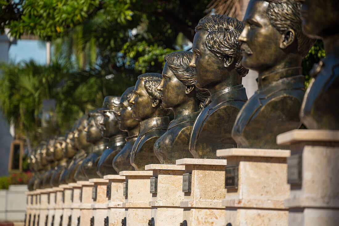 A row of busts of Dominican national heroes in Independence Park in the colonial city of Santo Domingo, Dominican Republic. UNESCO World Heritage Site of the Colonial City of Santo Domingo.
