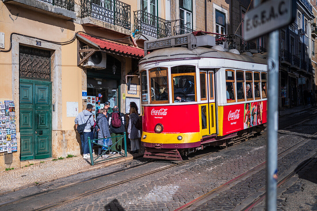 Tram in the streets of Lisbon