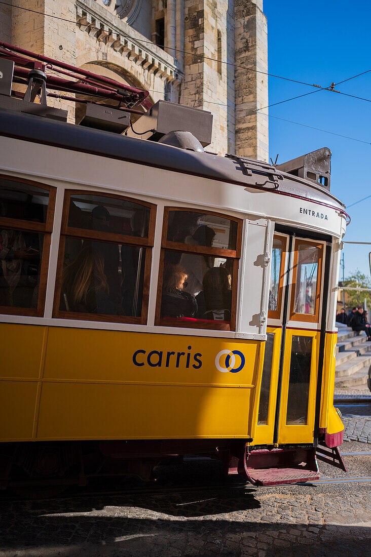 Tram in the streets of Lisbon