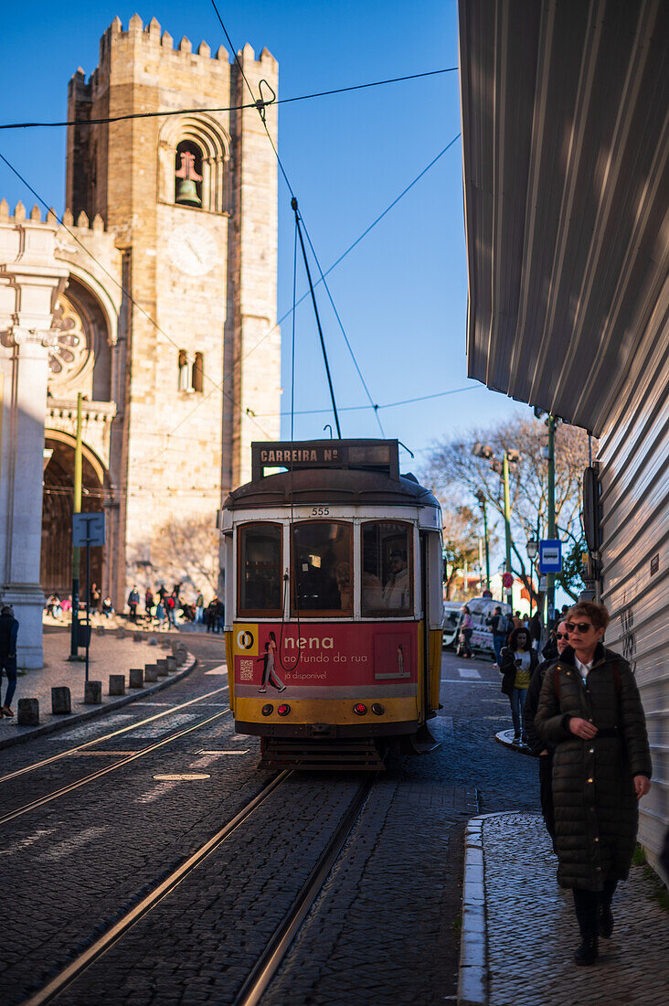 Tram in the streets of Lisbon