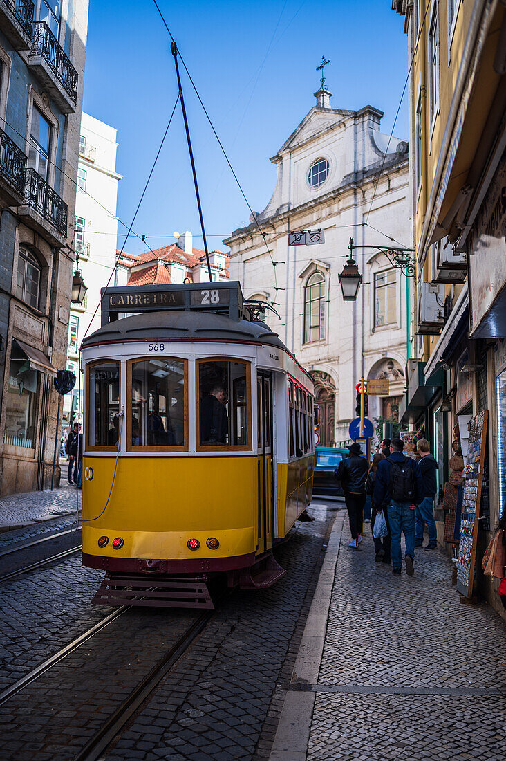 Tram in the streets of Lisbon