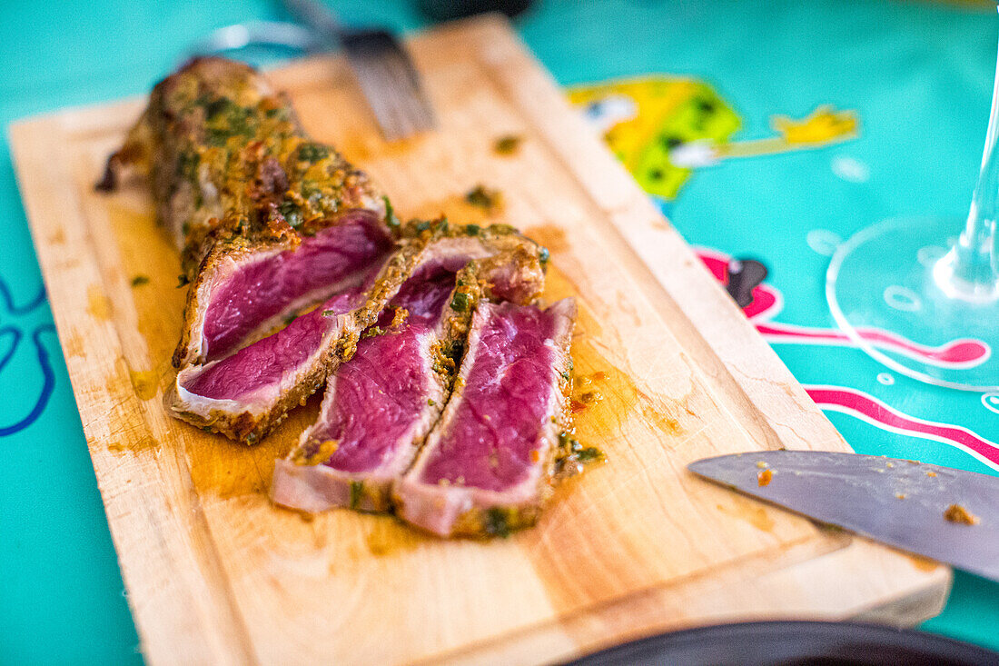 Spanish Retinta Beef Tataki Served on Cutting Board