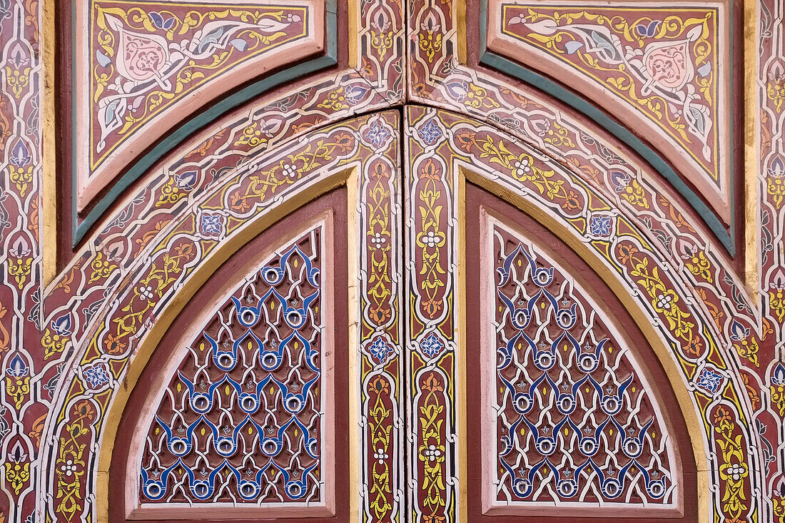 Marrakech, Morocco. Beautiful painted old door in Moorish motif