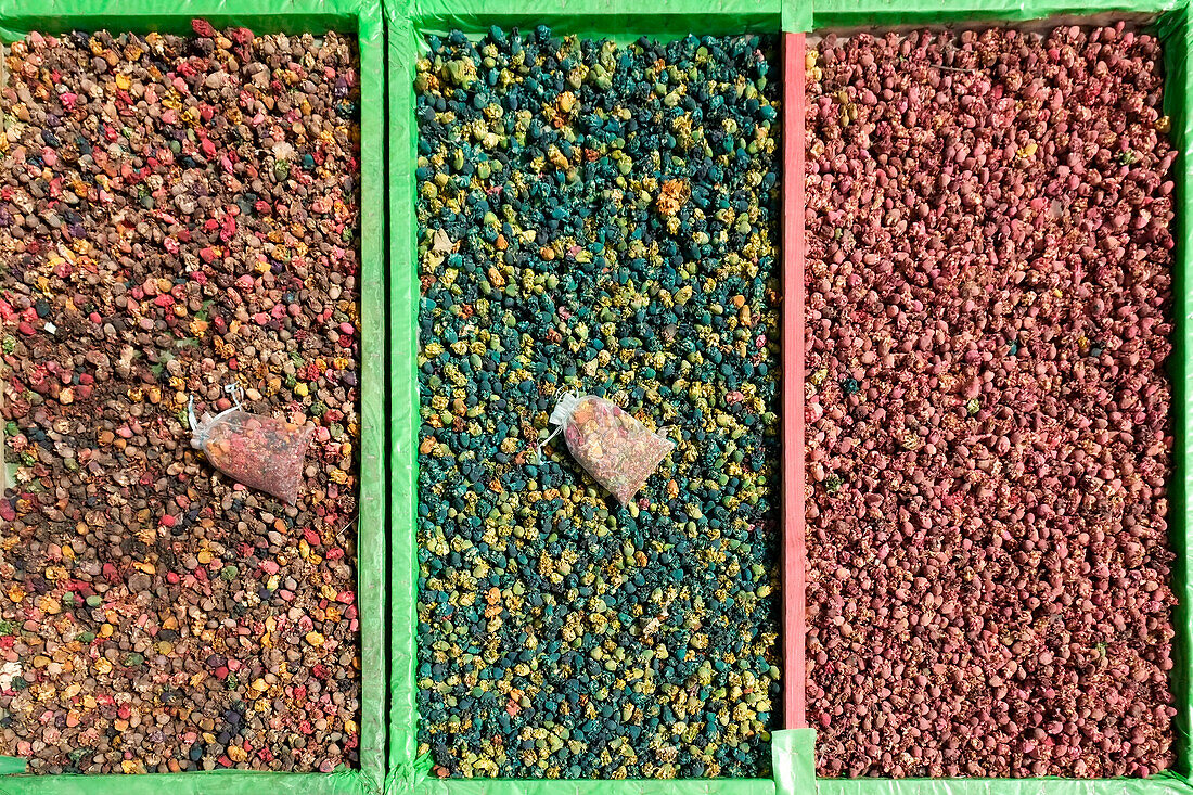 Marrakech, Morocco. Display of dried flower for sale.