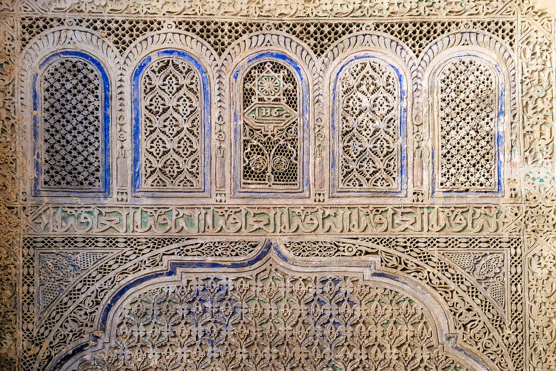 Fes, Morocco. Beautiful hand carved plaster detail, Moorish design.