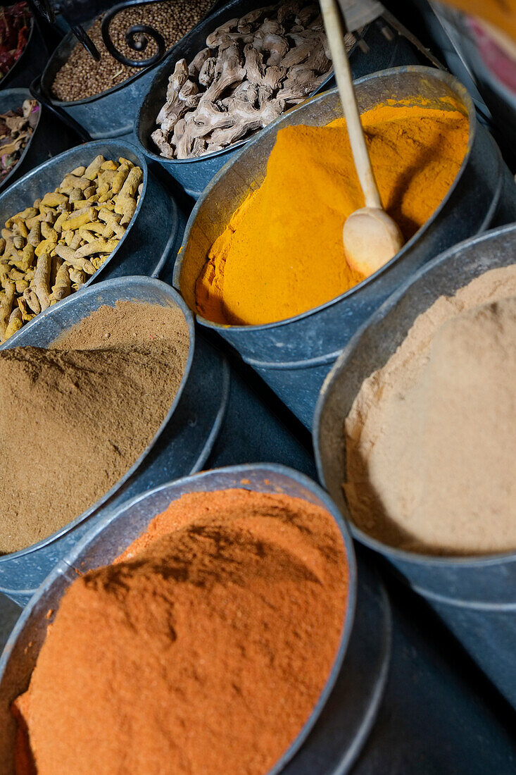 Fes, Morocco. Exotic spices for sale in the medina.