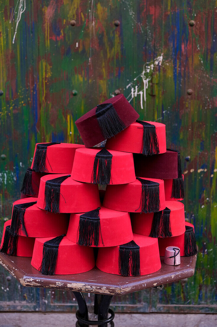 Fes, Morocco. Traditional red Fes hats