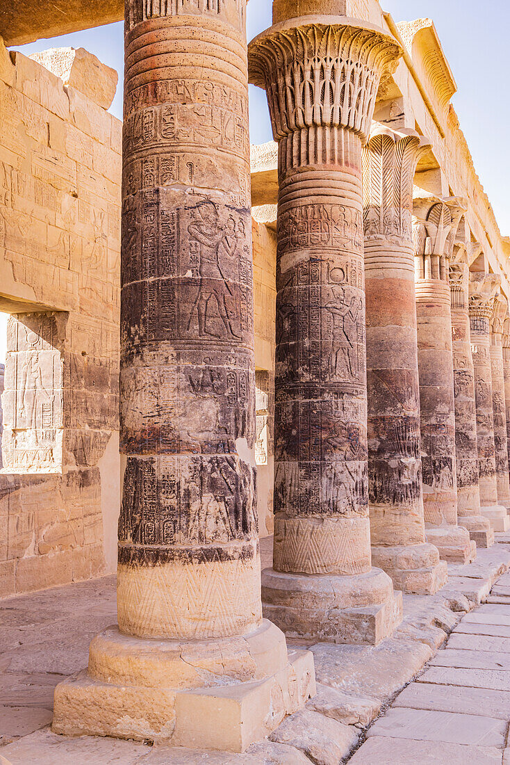 Agilkia Island, Aswan, Egypt. Carvings on columns at the Philae Temple, a UNESCO World Heritage Site.