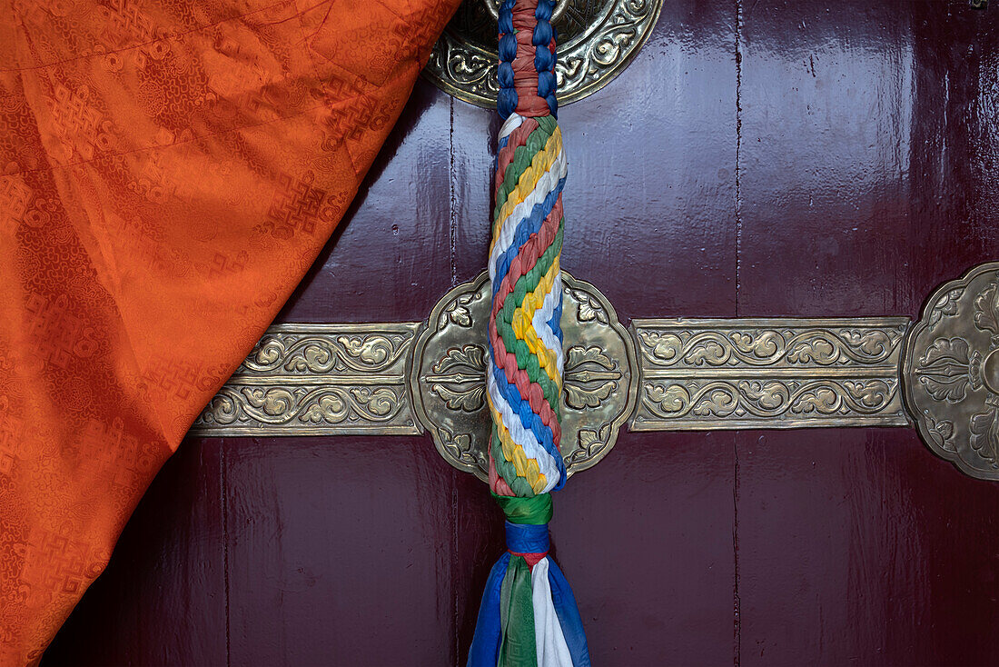 Asia, Nepal, Pokhara. Close-up of door at Jangchub Choeling Buddhist Monastery