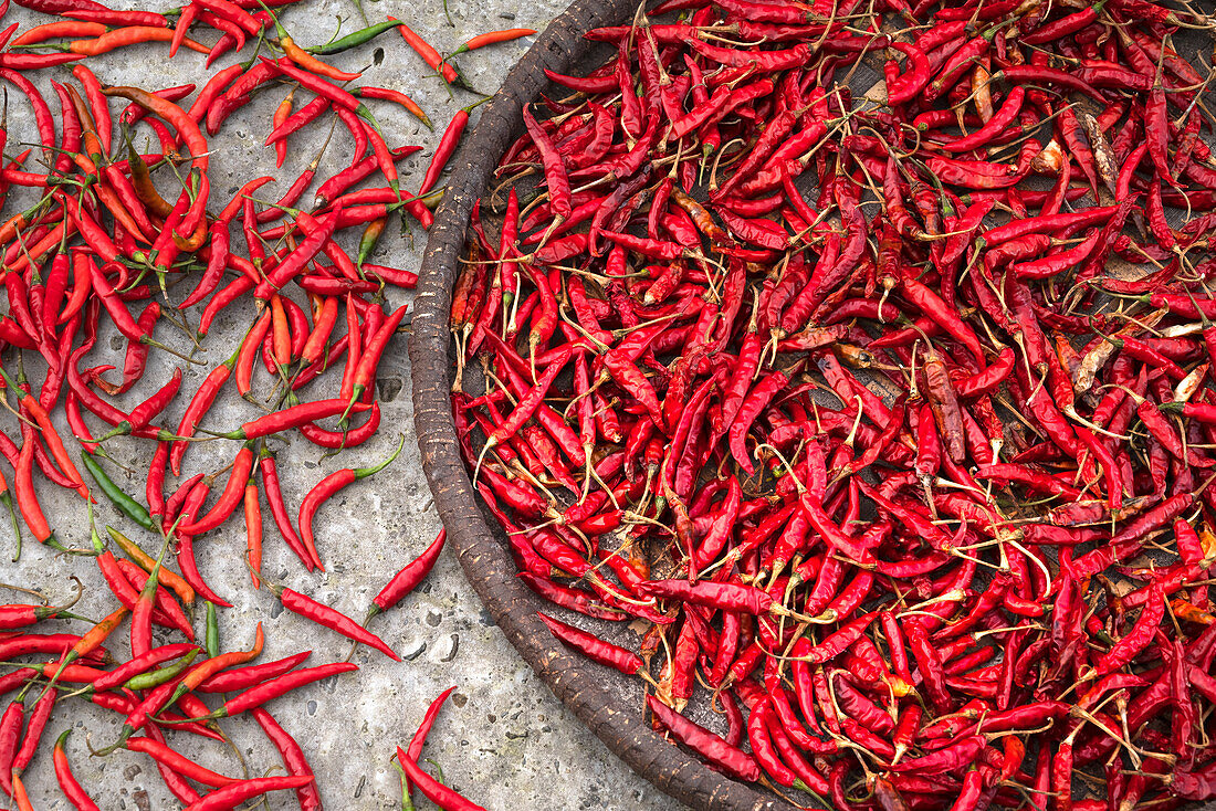 Nepal, drying peppers on the sidewalk