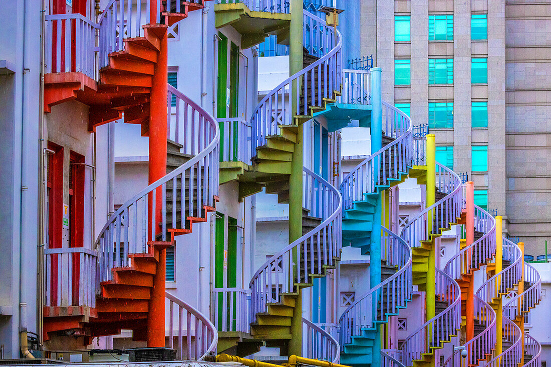 Singapore. Colorful staircases in Little India section of city.