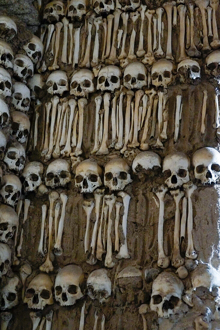 Evora, Portugal. Capela dos Ossos, Chapel of Bones. 17th Century gothic church. Interior is decorated with over 5000 bones.