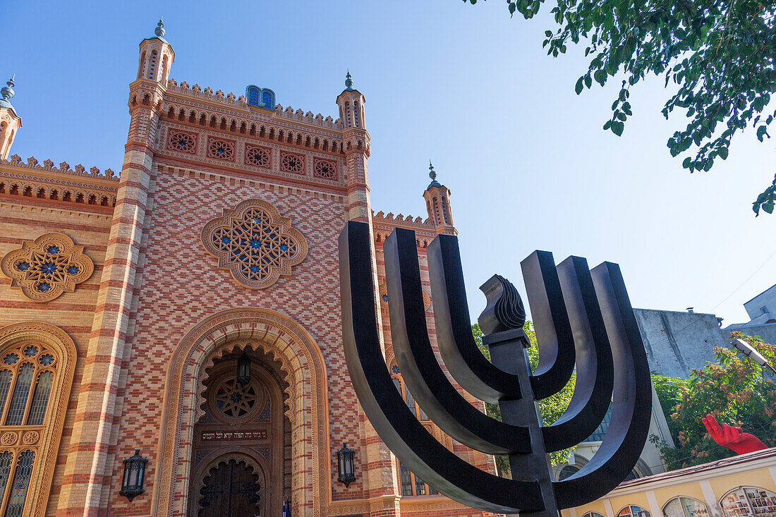 Romania, Bucharest, Choral Temple. Synagogue. Copy of Vienna's Leopoldstadt, Tempelgasse Great Synagogue. Menorah sculpture in front.