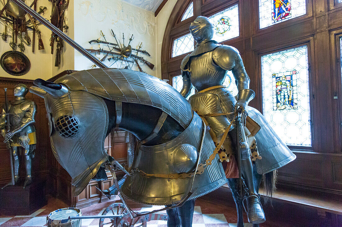 Romania, Carpathian Mountains, Prahova County, Sinaia. Peles Castle, Castelul Peles. Neo-Renaissance castle Period Armor.