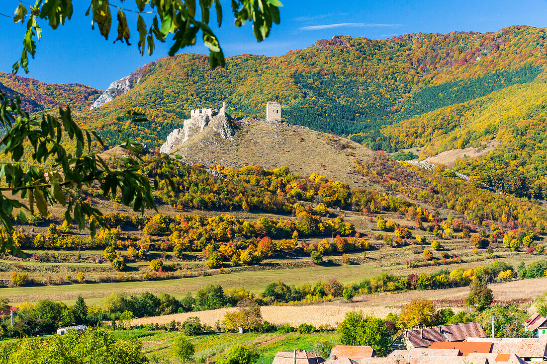 Romania, Transylvania. Coltesti Castle 11th century Ruins. Territorial Trascau mountain views.