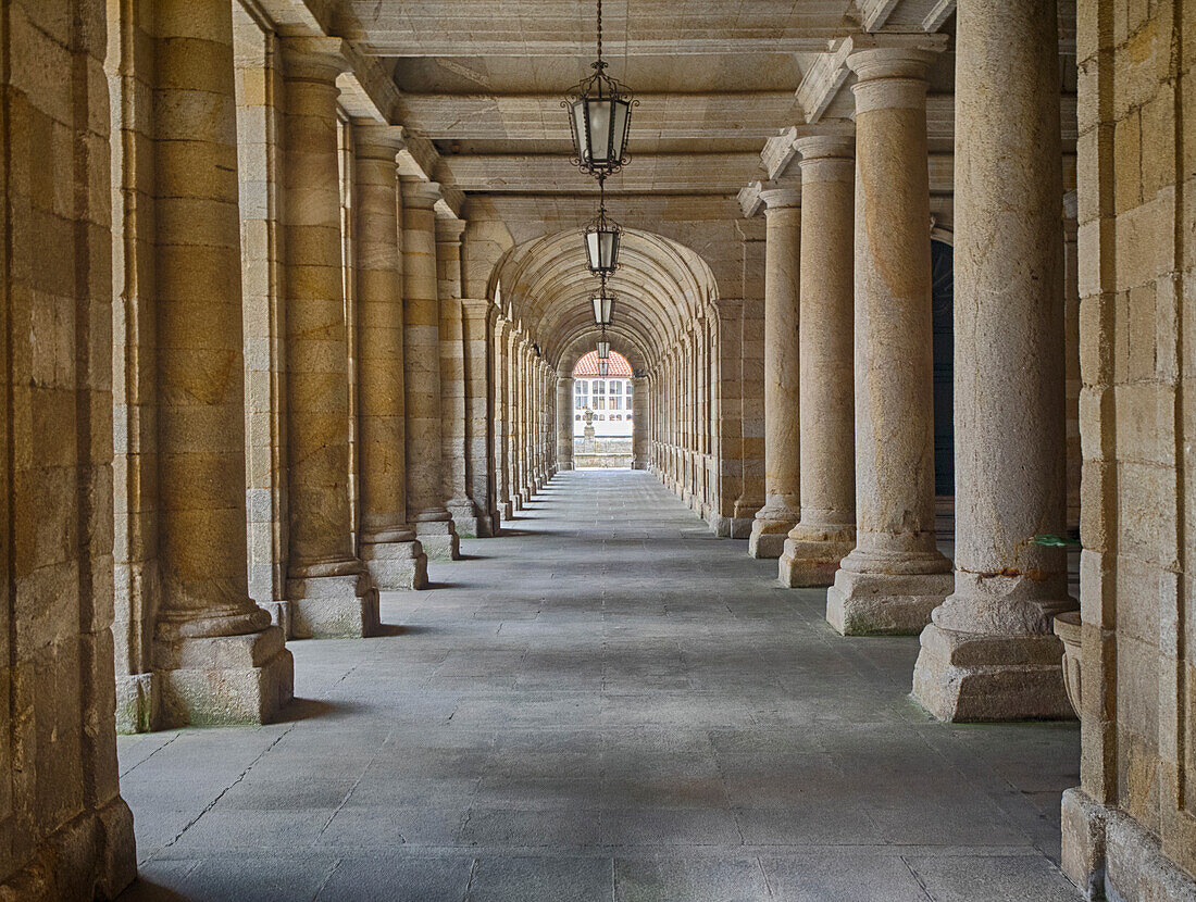 Arcade in the Palacio de Rajoy (Pazo de Raxoi) near the main square of Cathedral Santiago de Compostela.