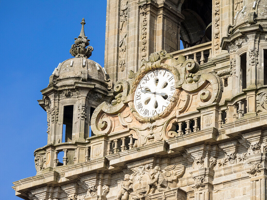 Close-up of the ancient clock on Berenguela tower of Santiago de Compostela Cathedral.