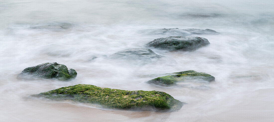 Ireland, Dunquin, Kinnard Beach. Abstract of wave froth and rocks on shore.