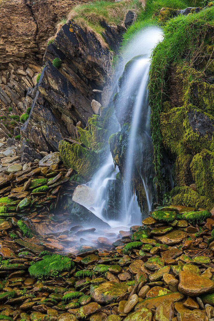 Ireland, Ferriter's Cove. Close-up of waterfall and mossy rocks.