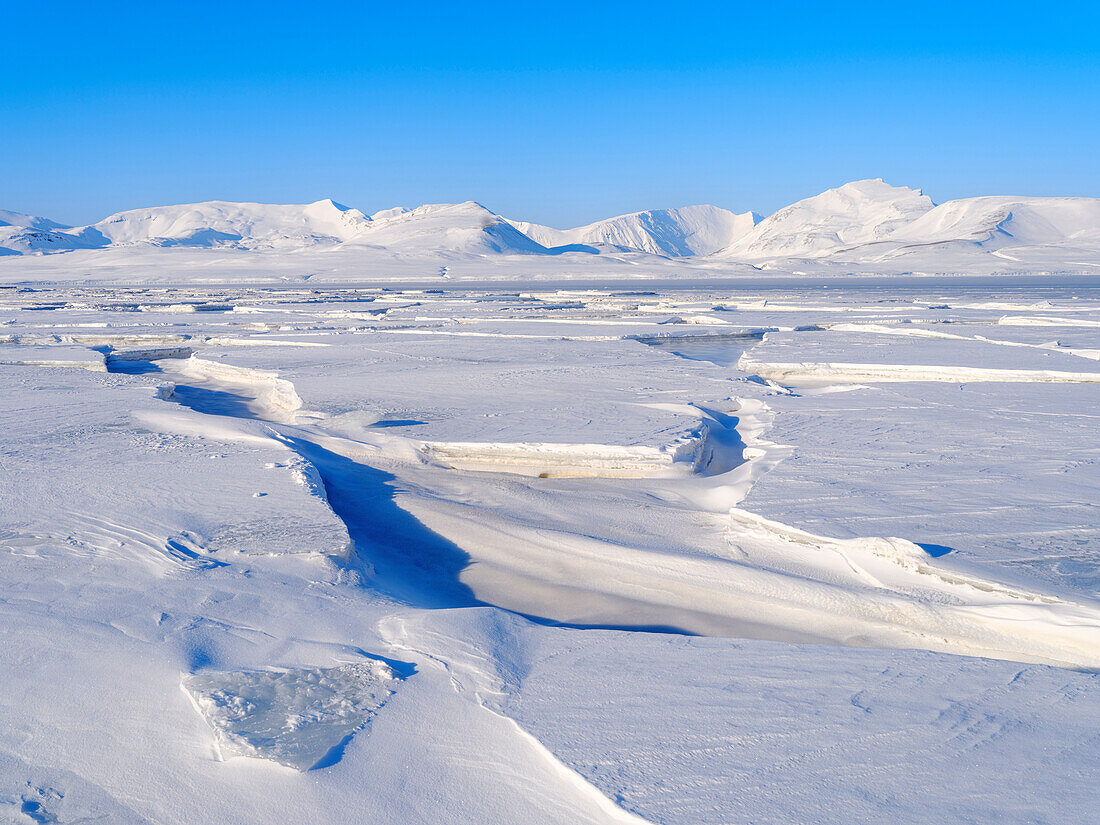 Landscape at frozen Gronfjorden, Island of Spitsbergen. Arctic region, Scandinavia, Norway, Svalbard