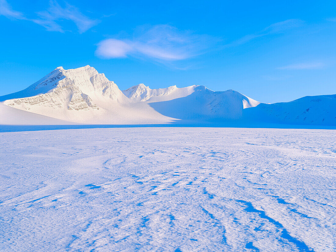 Mountains in the north of glacier Vestre Gronfjorden. Landscape in Van Mijenfjorden National Park, (former Nordenskiold National Park), Island of Spitsbergen. Arctic region, Scandinavia, Norway, Svalbard